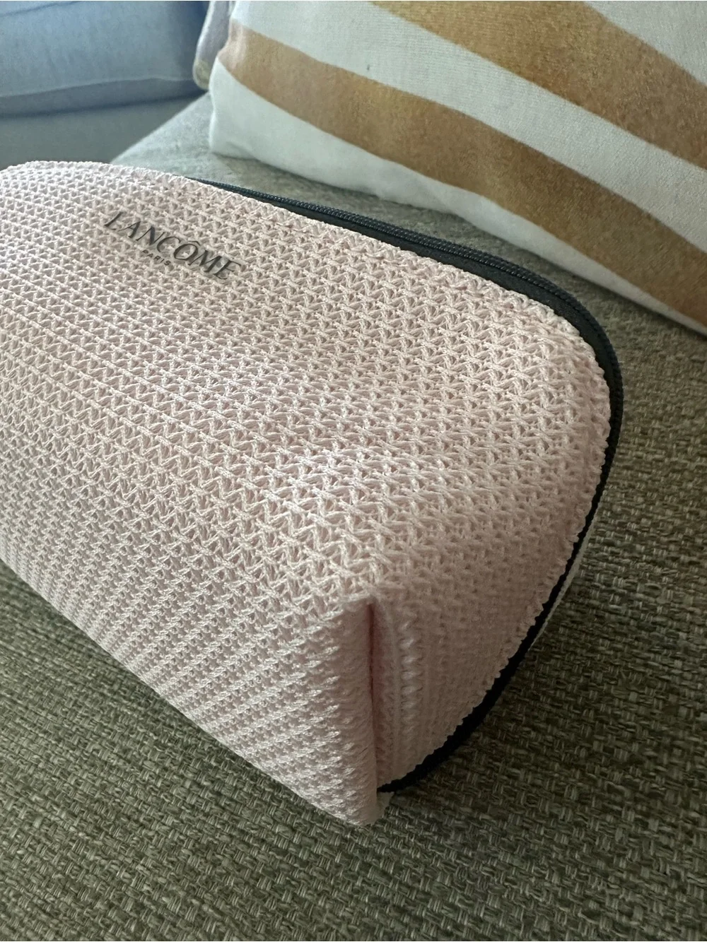 Lancôme Pink Woven Cosmetic Pouch With Black Trim. NEW